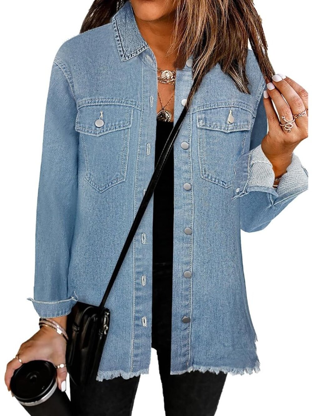 Women’s Blue Long Sleeve Style Button Front Oversized Casual Jean Jacket